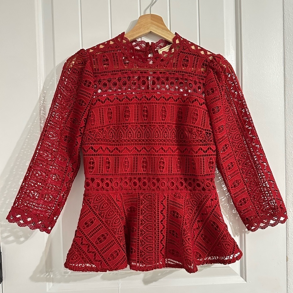 Anthropologie Burgundy 3/4 Sleeves Lace Top